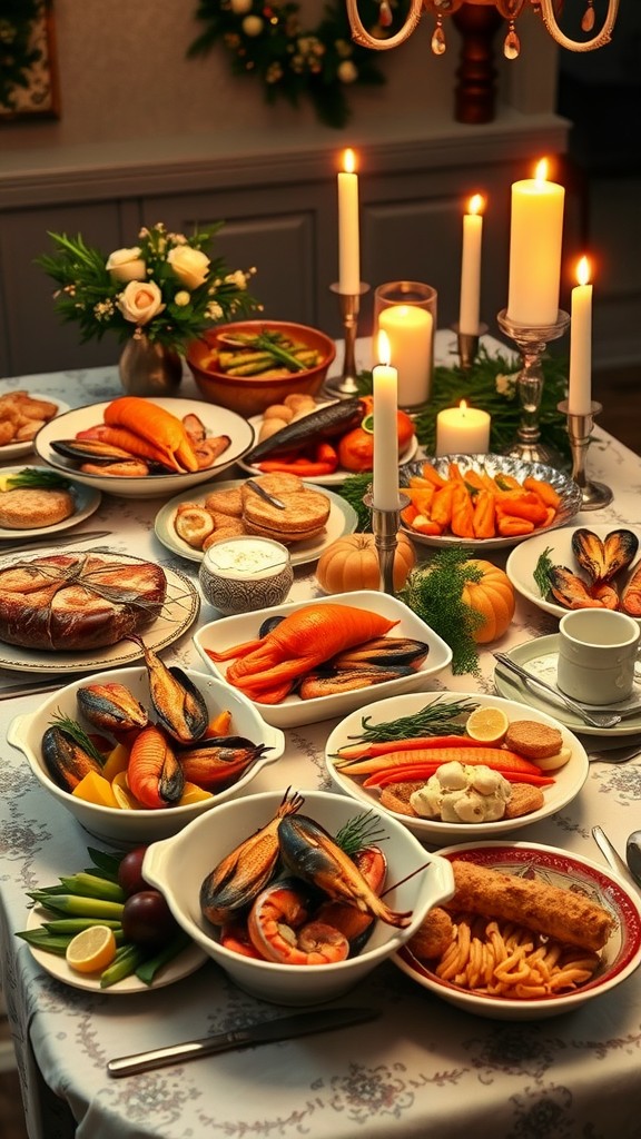 A festive table laid out with an array of seafood dishes for the Feast of the Seven Fishes, including different types of fish, shellfish, and vegetables, all beautifully presented with candles and decorations.