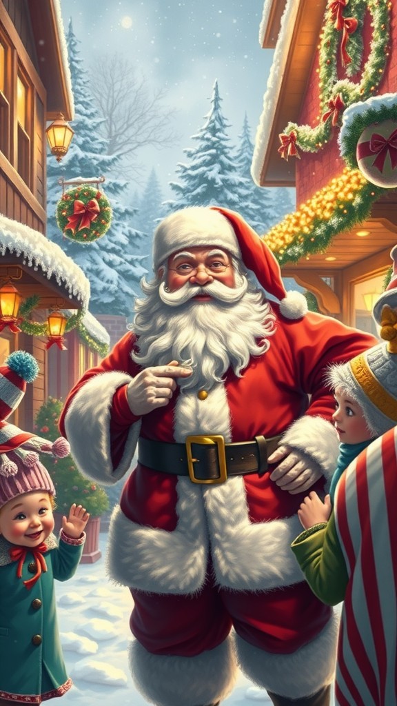 Santa Claus surrounded by children in a festive, snow-covered town.