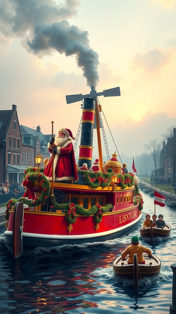 A festive boat parade celebrating Sinterklaas with decorations and a large figure of Sinterklaas on a canal.