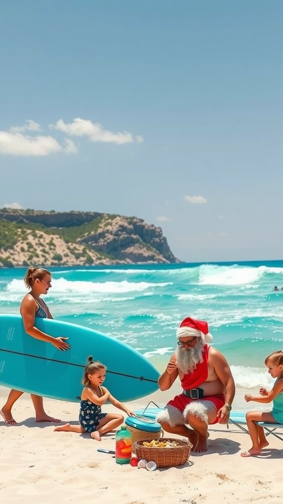 Santa Claus grilling on the beach surrounded by children and surfboards