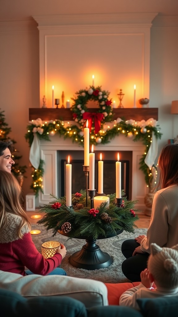 A cozy gathering around an Advent wreath with candles, greenery, and festive decorations.