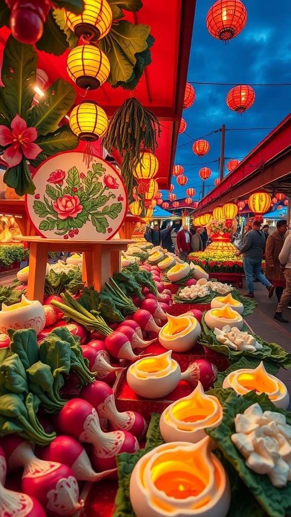 Colorful radishes and glowing lanterns at the Night of the Radishes festival in Oaxaca, Mexico.