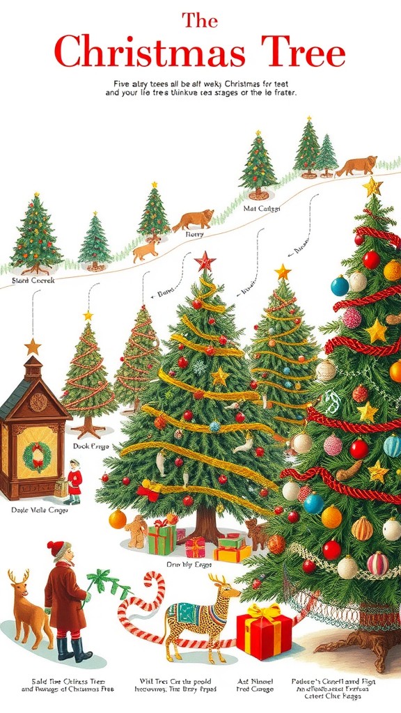 Illustration showing the evolution of the Christmas tree from 1620 to modern times, featuring decorated trees and a girl in a blue gown.