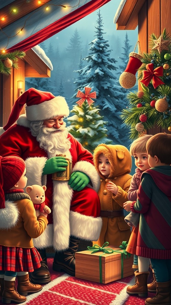 Santa Claus interacting with children in a cozy winter setting