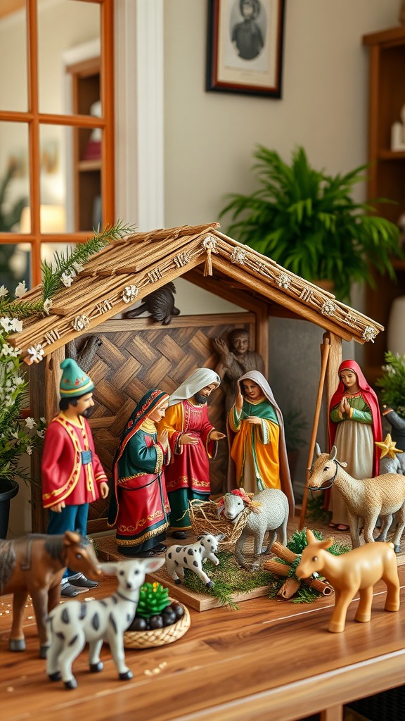 A colorful nativity scene with figurines of Mary, Joseph, and baby Jesus surrounded by animals.