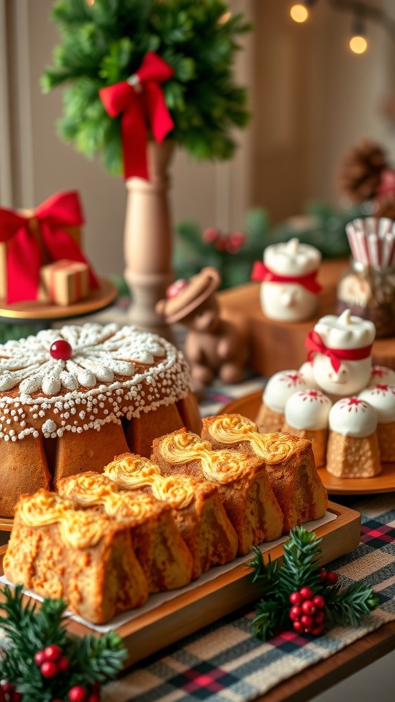 A festive display of South American Christmas sweets, including decorated cakes, pastries, and playful snowman treats, surrounded by holiday decorations.