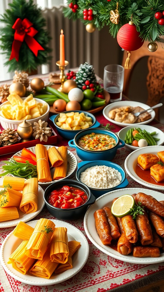 A beautifully arranged Christmas dinner table with various dishes including tamales, salad, and festive decorations.