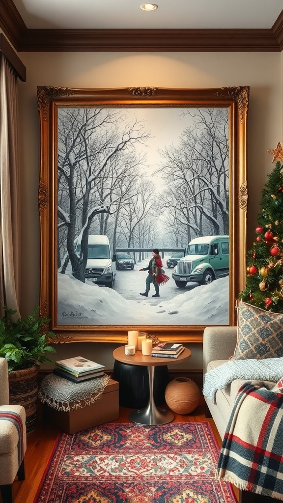 Cozy living room with a large winter scene painting, a Christmas tree, and candles.