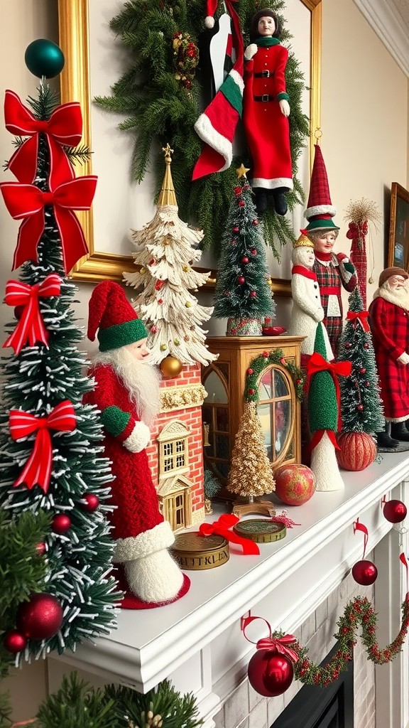 A beautifully decorated mantle with holiday ornaments, dolls, and festive greenery