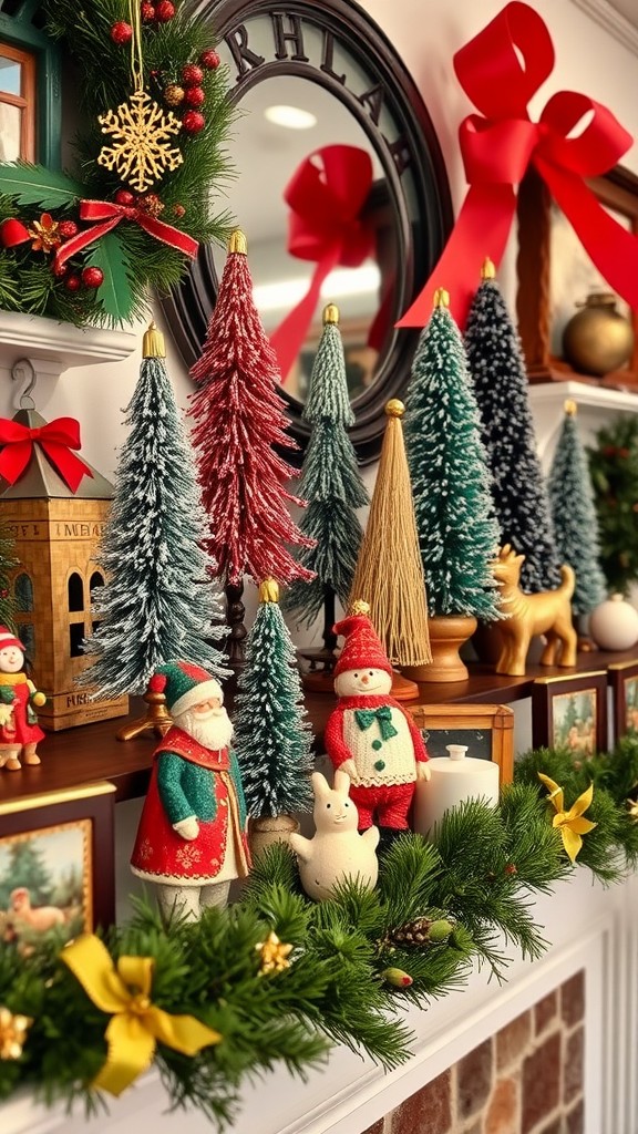 A festive holiday display with colorful trees, snowmen, Santa, and a wreath.