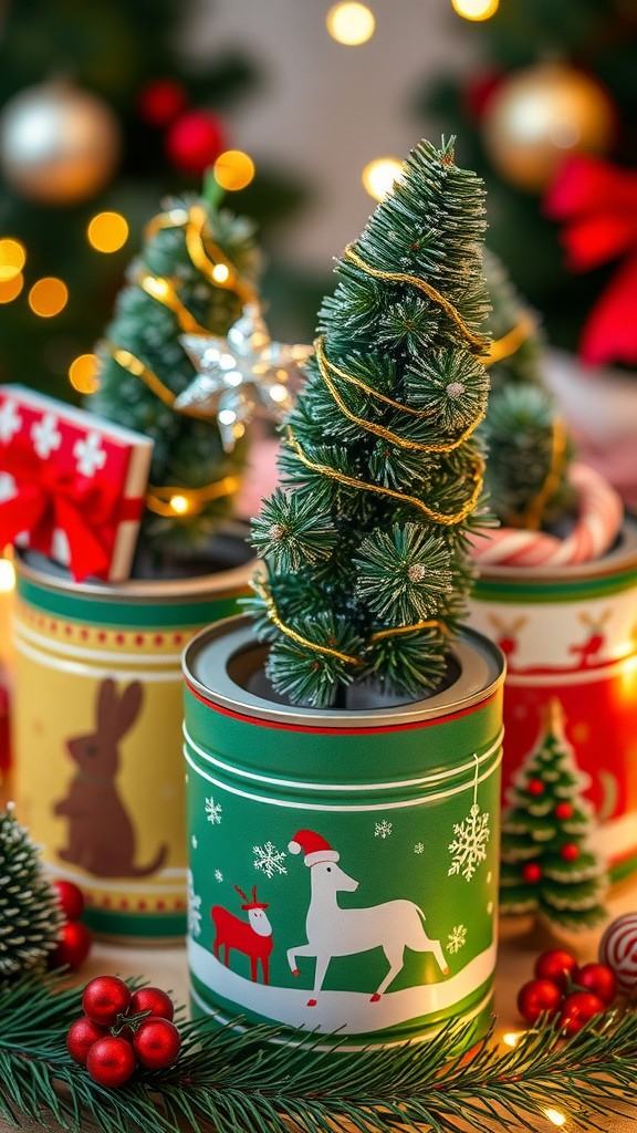 Colorfully decorated tin cans repurposed as planters with small artificial trees inside.