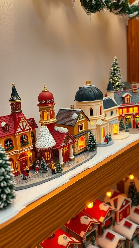 A colorful display of traditional Christmas village houses with snow and festive decorations.