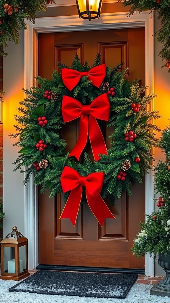 Traditional evergreen wreath with red bows hanging on a brown door, surrounded by holiday decorations.