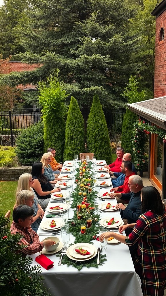 Family gathering outdoors with a festive meal