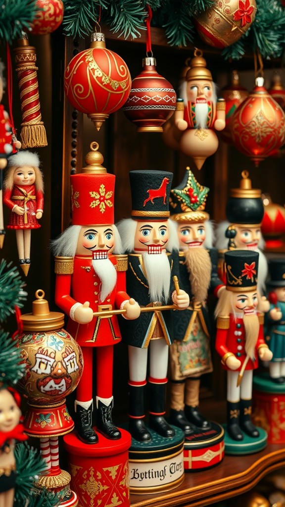 A collection of traditional German Christmas decorations including nutcracker figures and colorful ornaments.