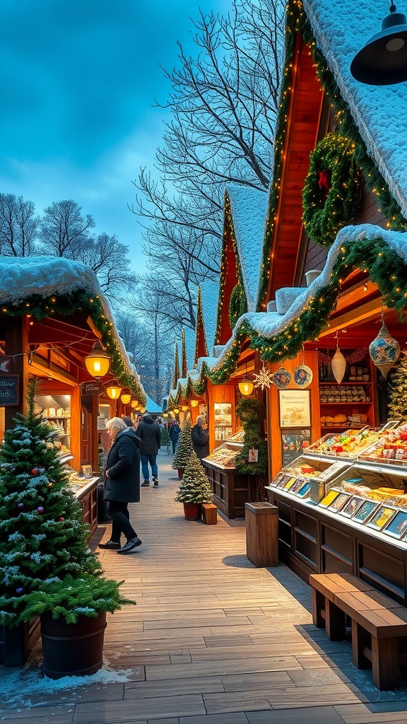 A picturesque Scandinavian Christmas market with wooden stalls, festive decorations, and snow-covered trees.