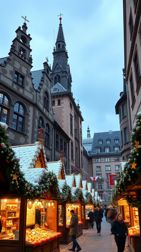 A view of the Munich Christkindlmarkt with festive stalls and historic buildings in the background.