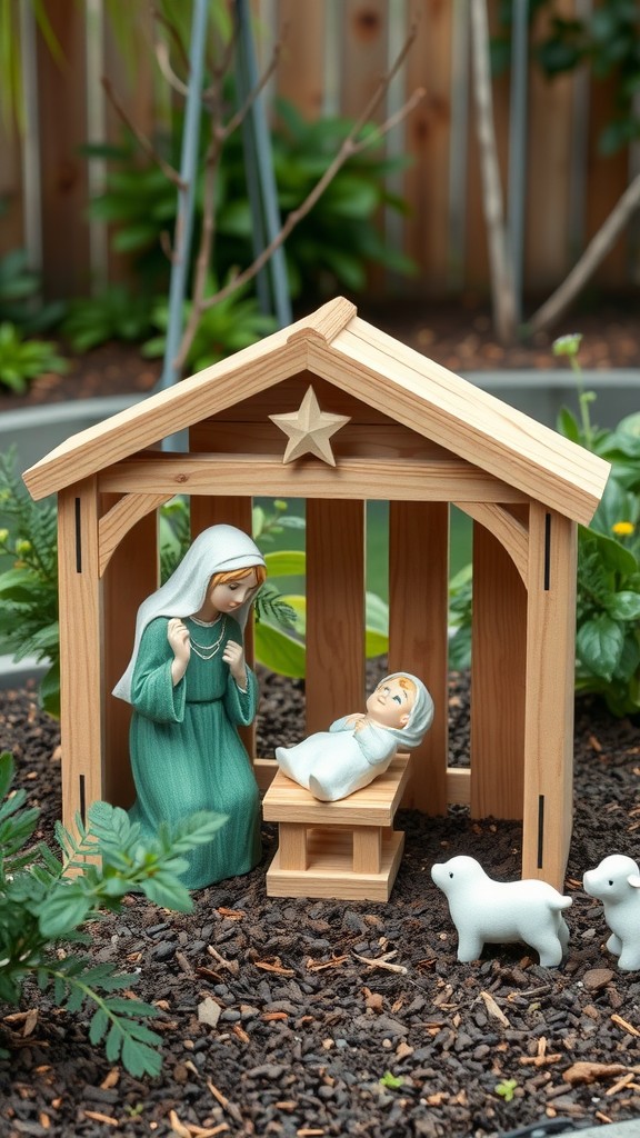 A wooden stable with figurines of Mary holding baby Jesus and two small sheep, set in a garden.