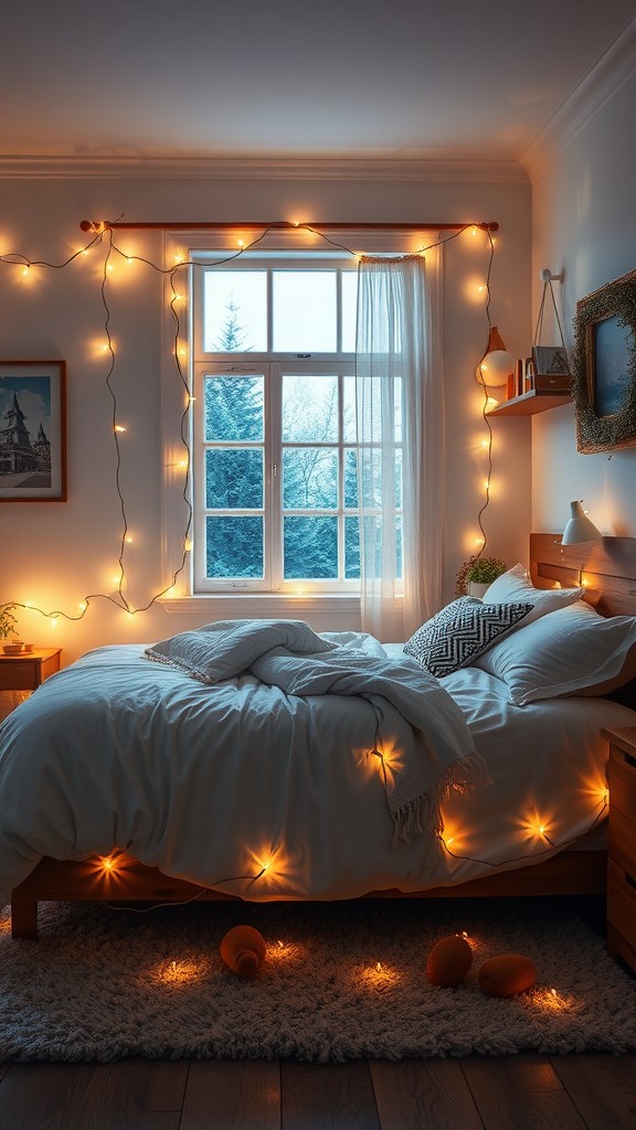 A cozy bedroom with warm fairy lights around the window and bed, creating a winter wonderland atmosphere.