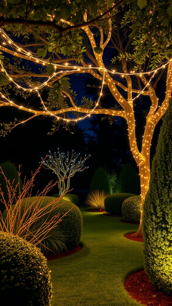 A garden at night with trees and shrubs wrapped in twinkling lights, creating a warm and inviting atmosphere.