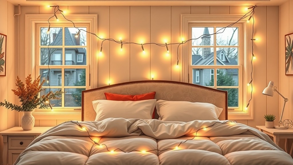 Cozy bedroom with twinkling lights around the windows, featuring soft bedding and a vase of flowers.