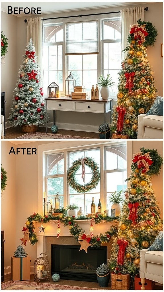 Before and after transformation of holiday decorations in a living room.