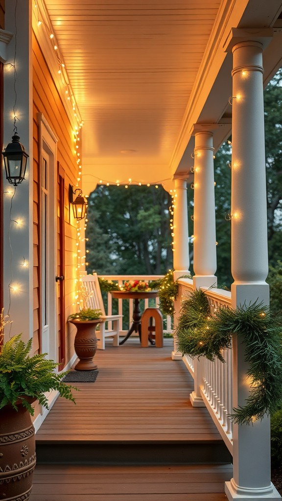 A beautifully lit porch decorated with fairy lights and lush garlands.