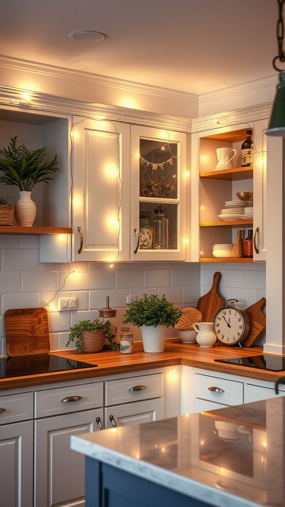 A cozy kitchen decorated with twinkling string lights, showcasing wooden shelves, plants, and kitchenware.