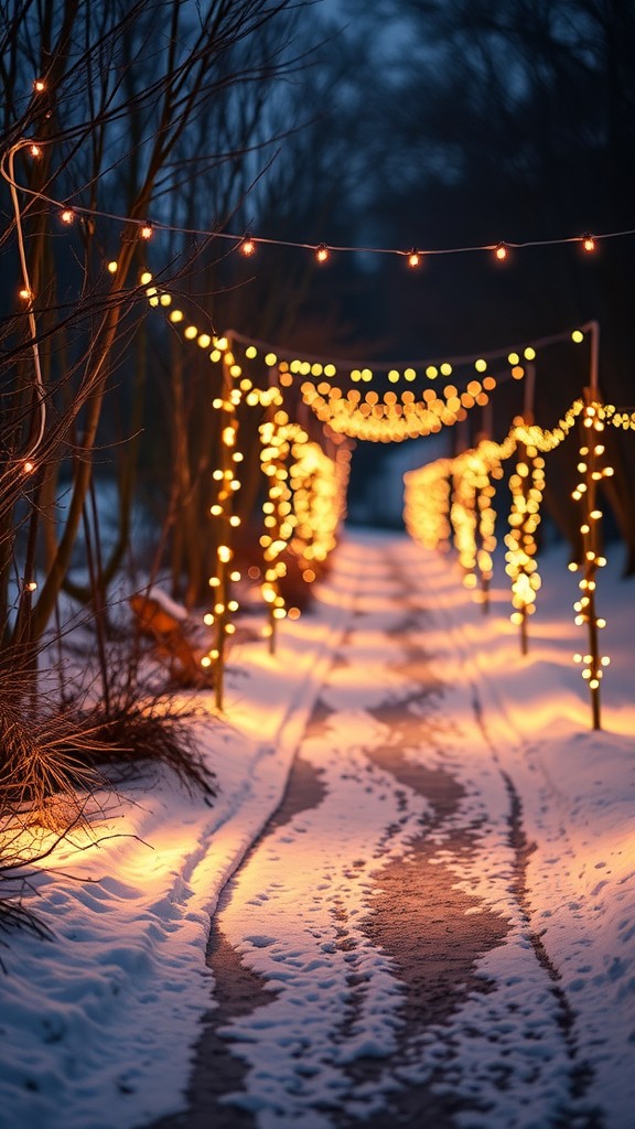 A snow-covered path illuminated by warm twinkling string lights