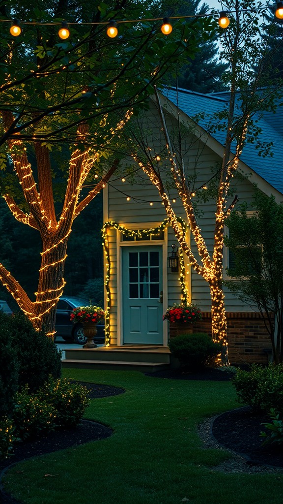 A charming house illuminated with warm string lights wrapped around trees and highlighting the entrance.