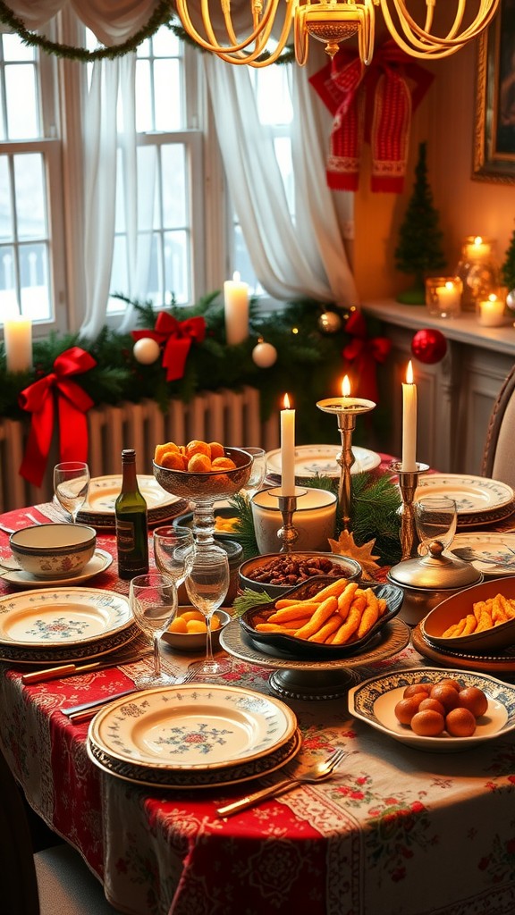 A beautifully set table for a Ukrainian Christmas Eve dinner, featuring traditional dishes, candles, and festive decorations.