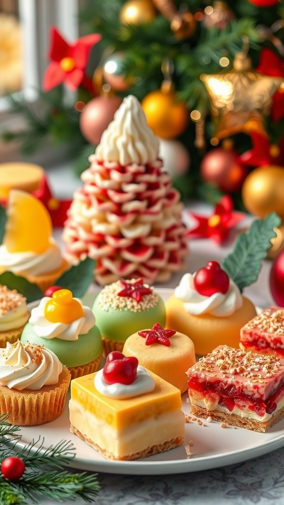 A colorful display of unique Christmas desserts, including a cake shaped like a Christmas tree and various tropical-flavored sweets.