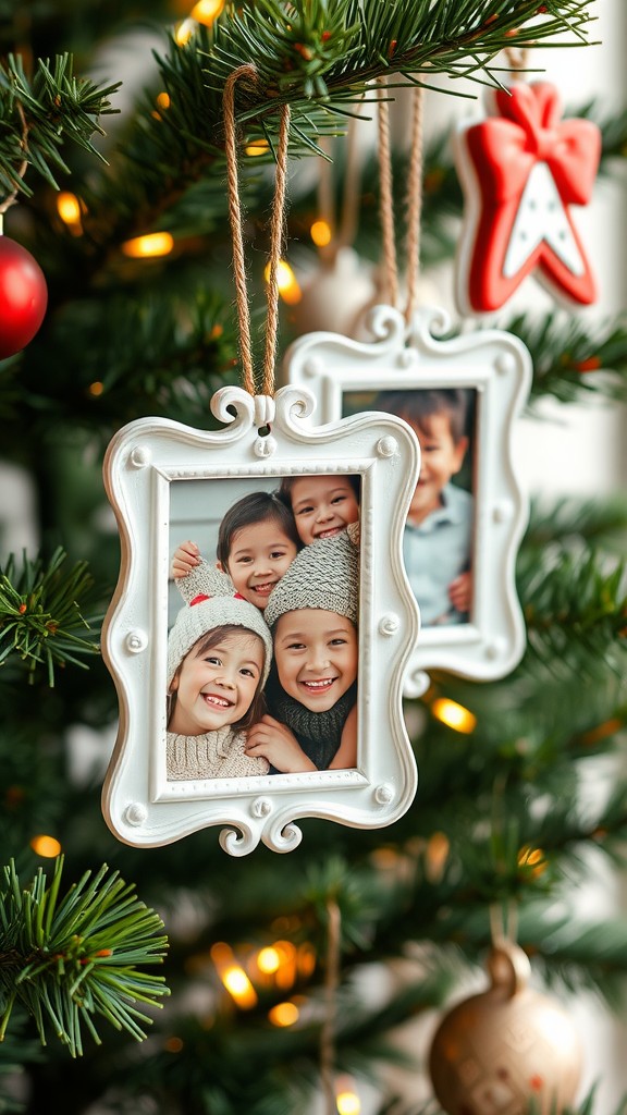 Decorated Christmas tree featuring unique photo frame ornaments with family pictures.