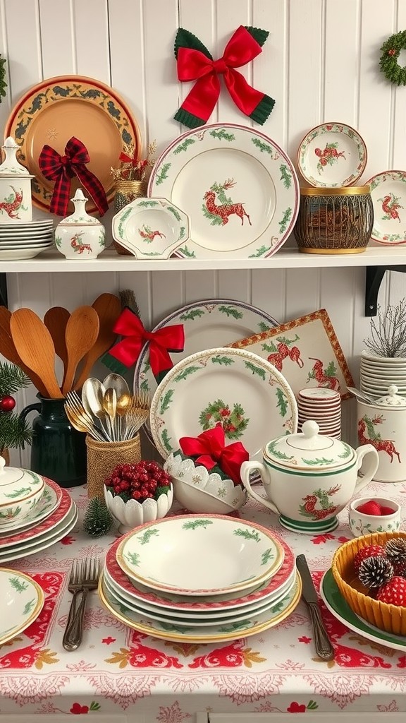 A collection of unique thrifted kitchenware featuring festive plates, bowls, and decorations for holiday hosting.