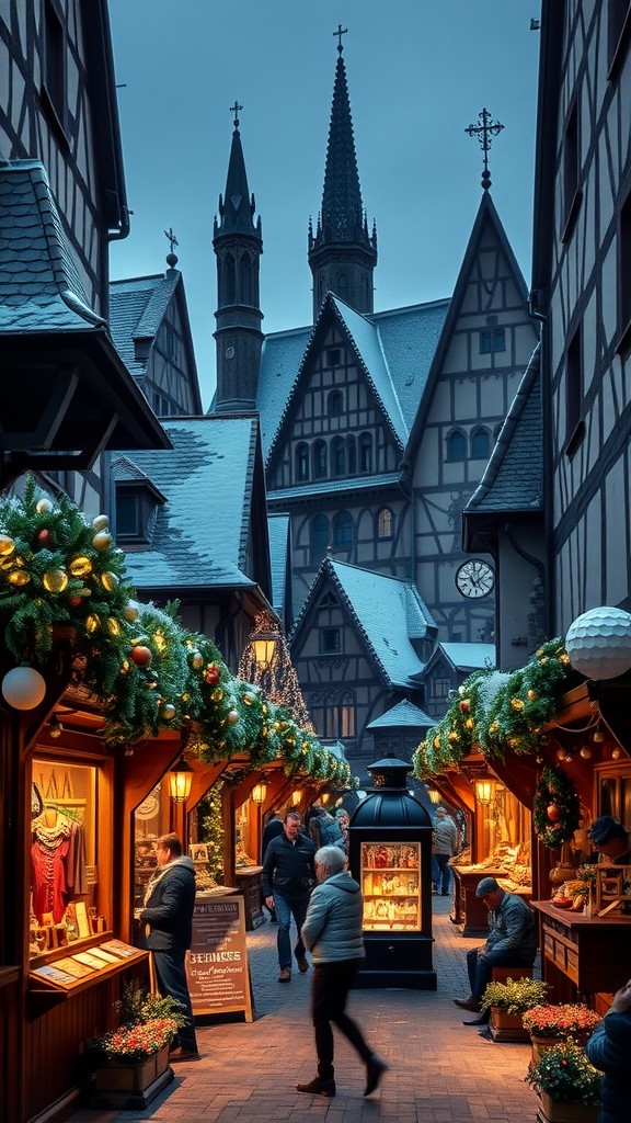 Evening view of the Nürnberg Christkindlesmarkt with stalls and historic buildings.