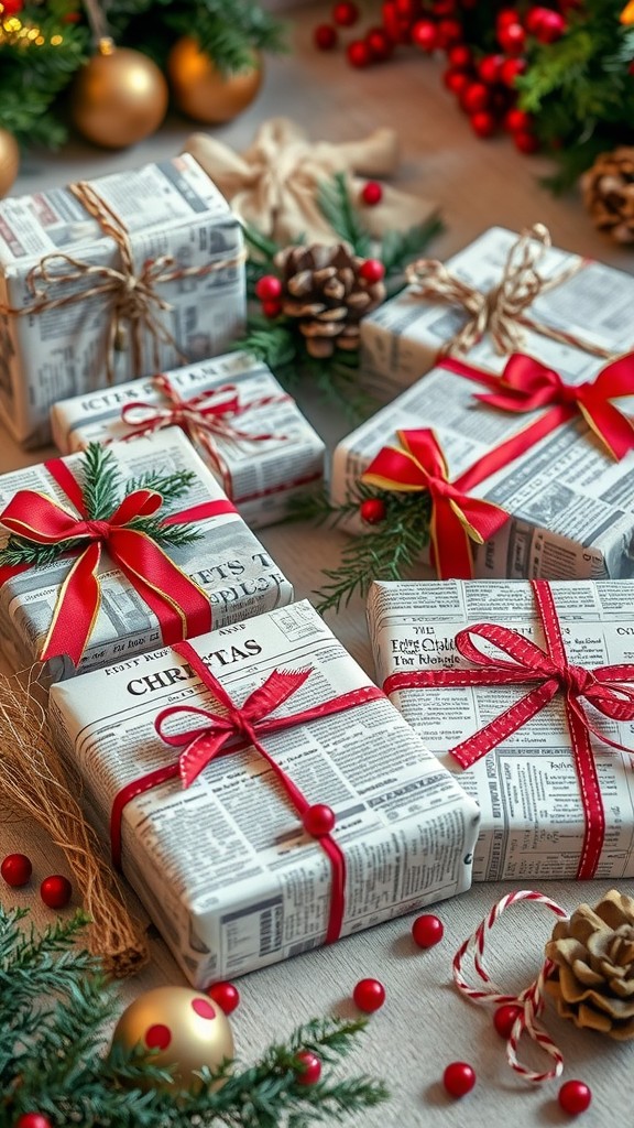 Festively wrapped presents in newspaper with red ribbons and natural decorations