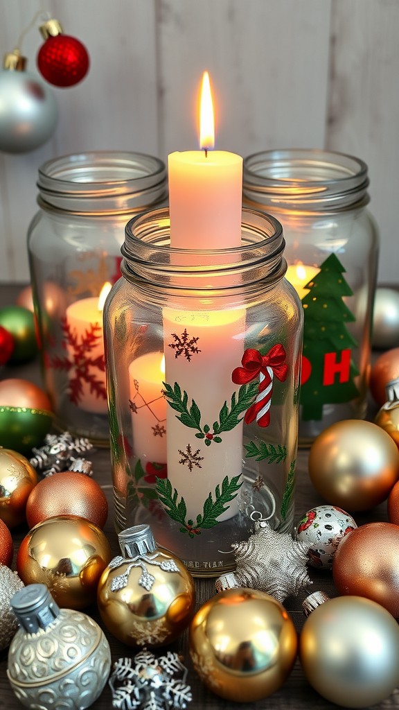 Festive glass jars with candles surrounded by Christmas ornaments