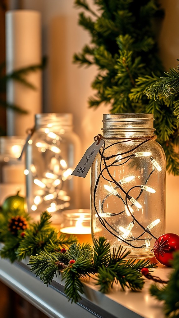 Festive lanterns made from glass jars filled with string lights, surrounded by pine branches and ornaments.