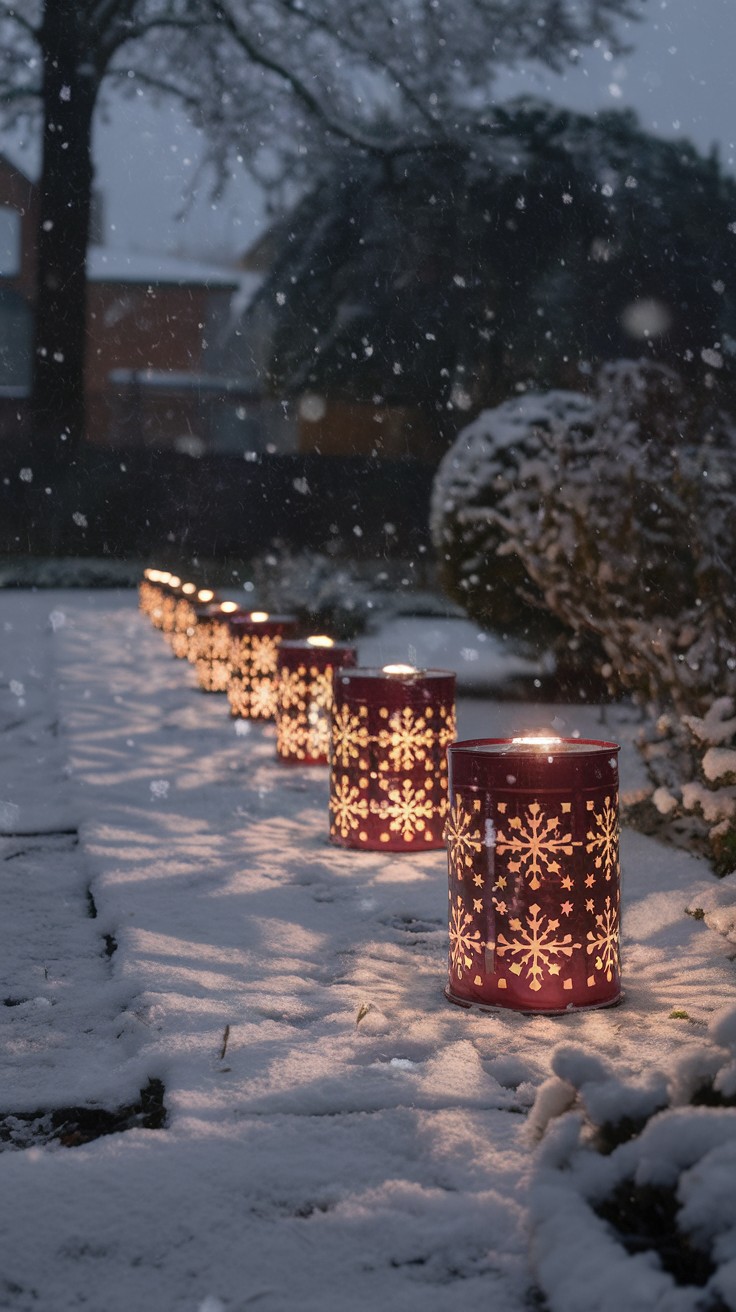 A row of upcycled tin can luminaries with snowflake designs glowing in the snow during a winter evening.