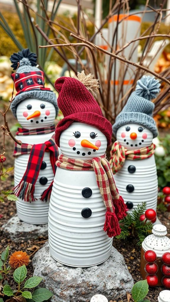 Three upcycled tin can snowmen in a garden, wearing colorful hats and scarves.