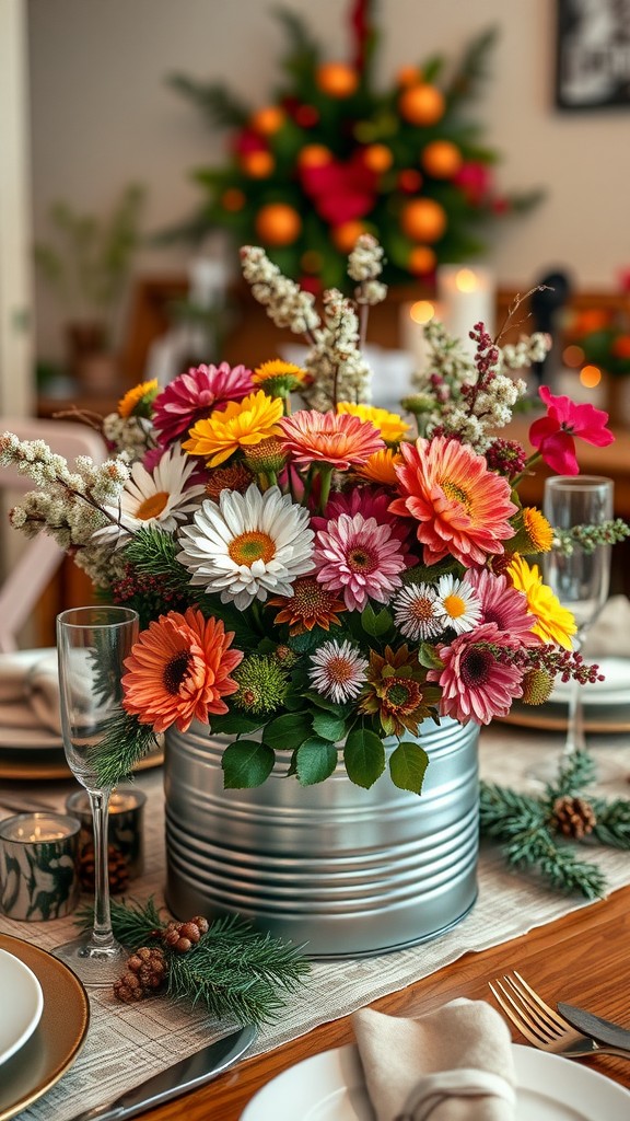 A vibrant floral arrangement in a silver tin centerpiece on a dining table, with greenery and decorative elements.