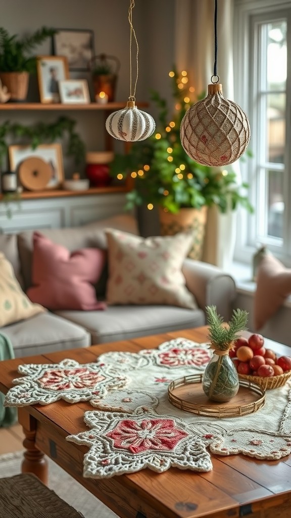 A cozy living room decorated with fabric ornaments and a handmade table runner made from fabric scraps.