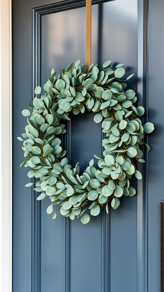 A modern eucalyptus wreath hanging on a deep blue door.