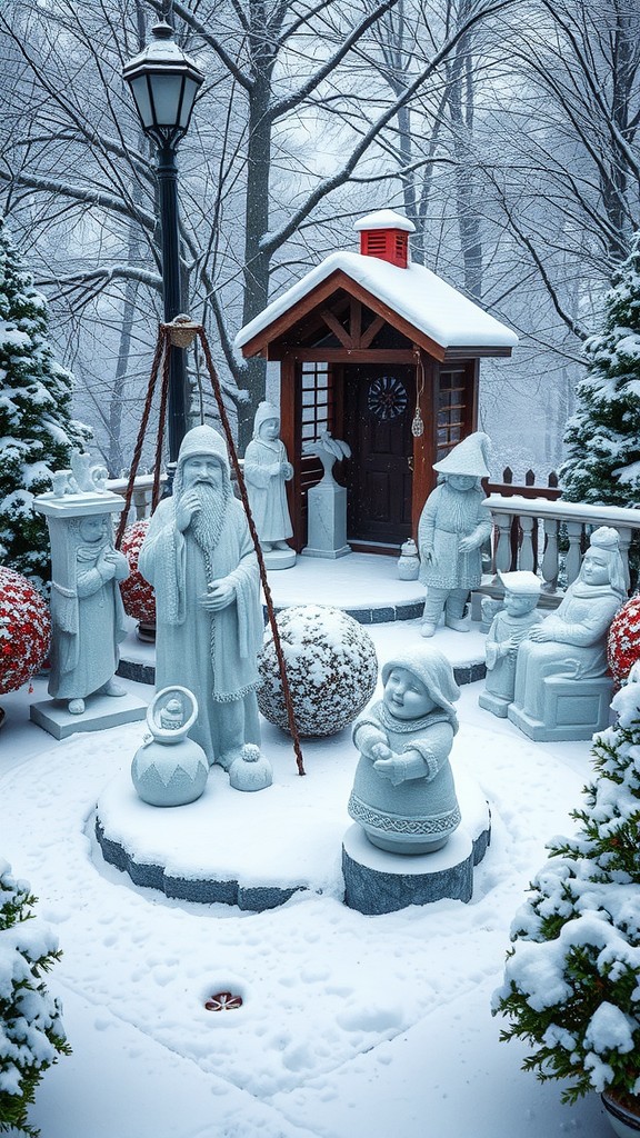 A snowy garden scene featuring various white statues, a red-roofed cabin, and a lamp post, creating a whimsical winter atmosphere.