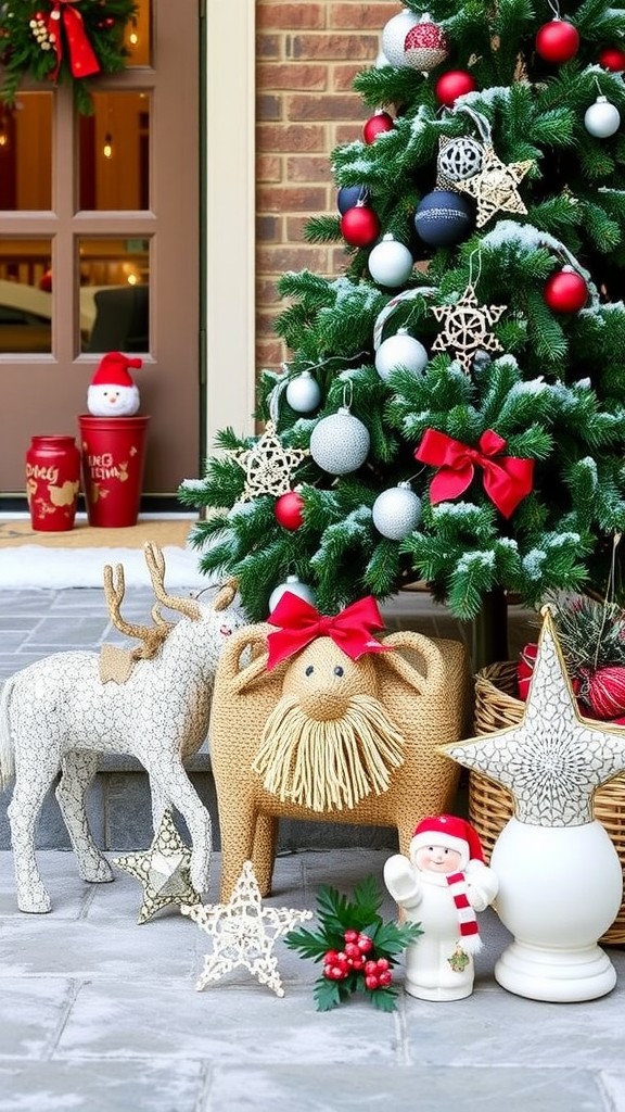 Festive outdoor Christmas decorations including a tree, snowman figures, and colorful ornaments.