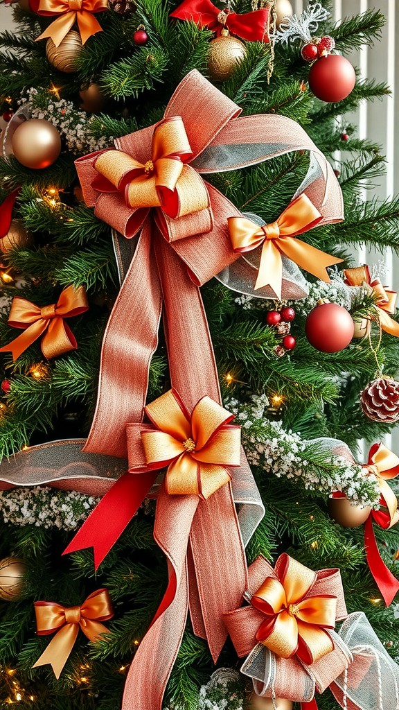 A beautifully decorated Christmas tree with ribbons and bows in warm colors.