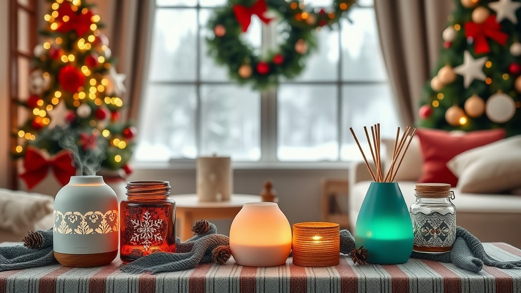 A cozy room with scent diffusers and candles, surrounded by a beautifully decorated Christmas tree.