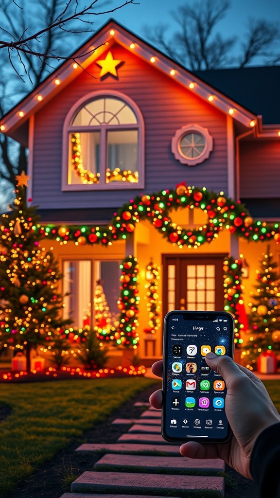 A festive house decorated with lights and ornaments, with a smartphone in hand controlling the decorations.