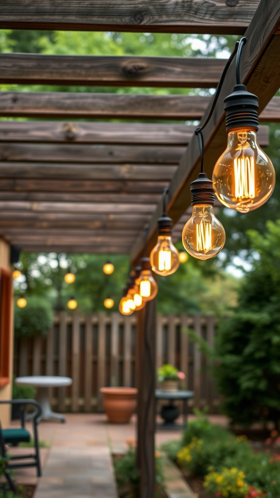 Outdoor space with vintage-inspired Edison bulbs hanging from a wooden pergola.