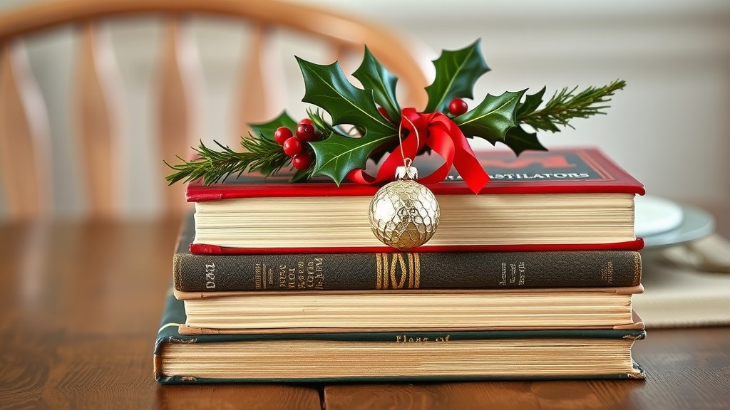 A stack of vintage books decorated with holiday themed items including holly and a Christmas ornament.